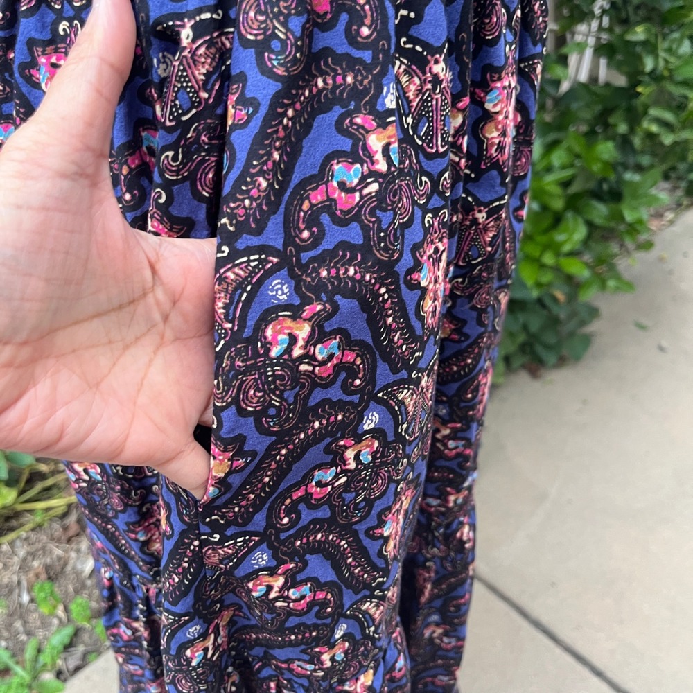 New Caroline Constas Women Navy Pansy Print Ruffle Tiered Smocked Maxi Dress L - Picture 5 of 13